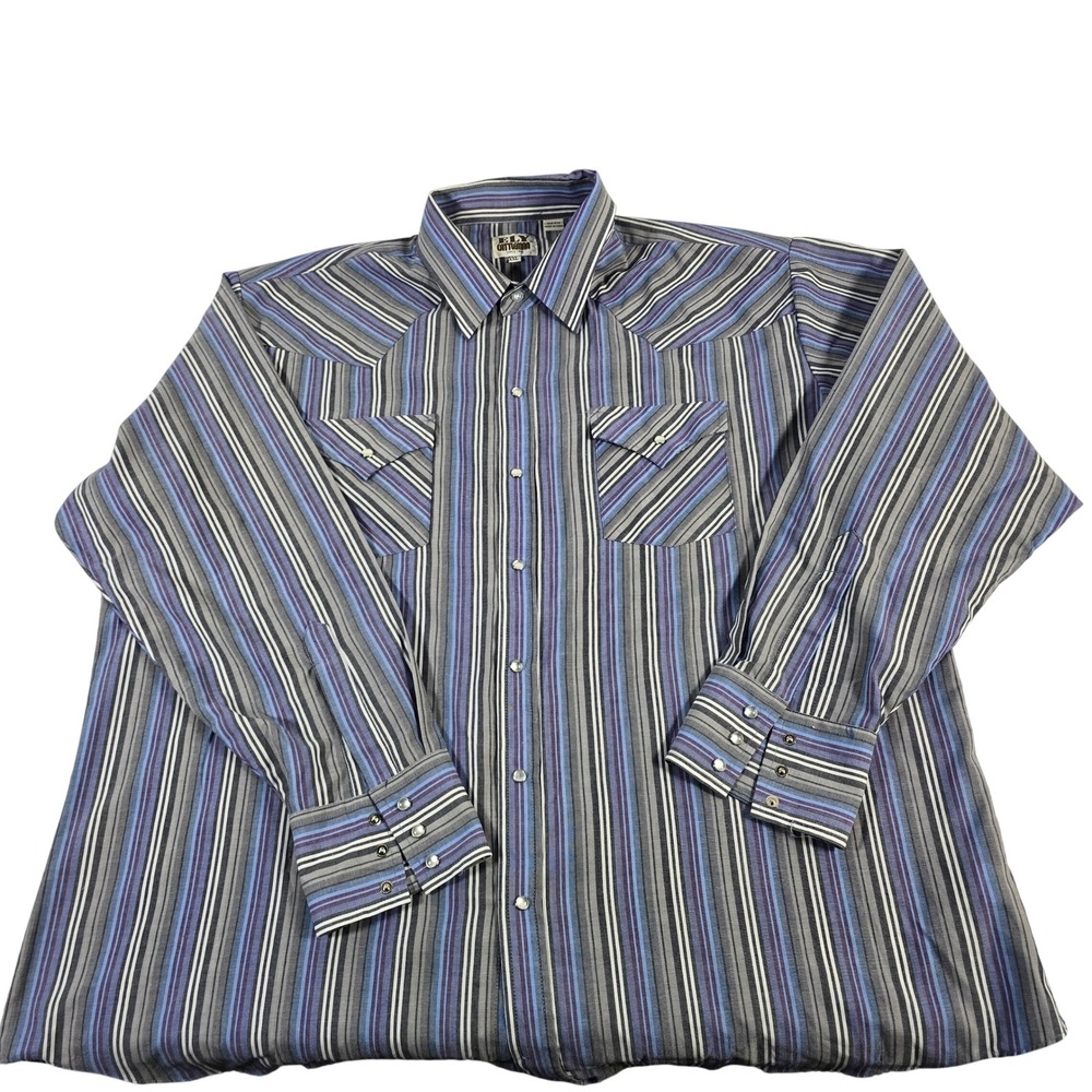 ELY CATTLEMAN Mens‎ Western Shirt XXL Blue Stripe Pearl Snap Long Sleeve